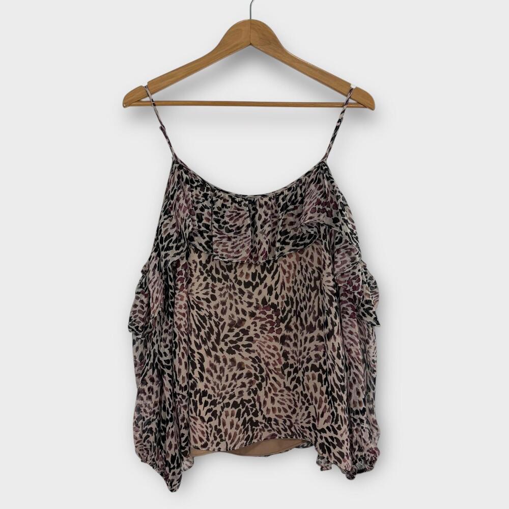 Greylin Women’s Size Medium Brown Animal Print 100% Silk Cold Shoulder Blouse